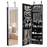 RELAX4LIFE Schmuckschrank, Schmuckregal mit LED-Beleuchtung & Spiegel & Schloss, Schmuckorganizer für Ohrringe & Armband & Kette & Ringe & Kosmetik, Tür- und Wandmontage, 120 x 35,5 x 10 cm (schwarz)