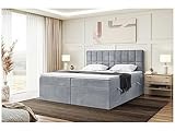 MEBLINI Boxspringbett mit Bettkasten - Gepolstert Doppelbett mit Matratze und Topper - Polsterbett mit Stauraum - Bett mit Kopfteil - Stauraumbett - Lukas - 140x200 - H3/Grau Samt