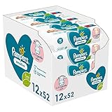 Pampers Sensitive Feuchttücher 12 Packungen (12 x 52 Stück), 624 Feuchttücher, ohne Duft, für eine sanfte und weiche Reinigung