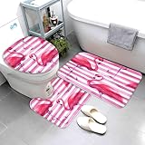 Flamingo Badteppiche Set 3 Teilig Mikrofaser Badvorleger Rosa Gestreift Rutschfestt Waschbar Badematte U-FöRmiger Wc-Vorlegermit Deckelbezug FüR Badewanne Dusche Badezimmer 50x80