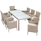 Casaria Polyrattan Sitzgruppe 190x90cm 8 stapelbare Stühle Höhenverstellbar 7cm Auflagen 5mm Sicherheitsglas Wetterfest Sitzgarnitur Gartenmöbel Set Beige