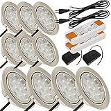 Lichtfaktor24 12V LED Möbeleinbaustrahler 65mm Ultra flach 10 x 3W Einbauleuchten Leonie 200lm mit LED Trafo und 230V Zuleitung 3000K Warmweiß Lochausschnitt: 55 bis 60mm
