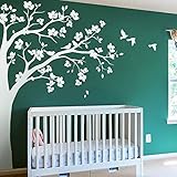 Große Ecke Baum Wandaufkleber Wandtattoo mit großen Blüten, Vögel und Blätter Kinderzimmer Wandkunst Aufkleber Wandbild 087 (Äste nach rechts, Alles in Weiß)