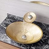 HomeLava Gehärtetes Glas Waschbecken Waschtisch Rund Gold Aufsatzbecken Aufsatzwaschbecken Glaswaschbecken Aufsatzwaschtisch Spülbecken Becken inkl. Ablaufgarnitur und Wasserfall-Wasserhahn