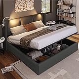 ZYLOYAL10 Polsterbett Doppelbett Stauraum Bettkasten Leselicht mit USB Ladefunktion Kopfteil,Stauraumbetten Bettgestell Jugendbett mit lattenrost(Ohne Matratze) (Grau + PU, 160x200cm)