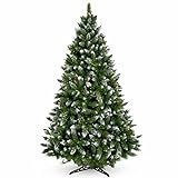 KADAX künstlicher Weihnachtsbaum 180 cm mit Raureif und Zapfen, grün Tannenbaum mit 391 Zweigen, Ø ca.110 cm, Kiefer Christbaum aus PVC mit Kunststoffständer (Rentier 180cm)