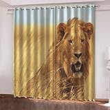 GOKSEL Gardinen Blickdicht Ösen Gardinen 2 Stück x 75 B x 166cm H Tier & gelber Löwe Blickdicht Kräuselband Gardinen Wohnzimmer Vorhang Verdunkelung