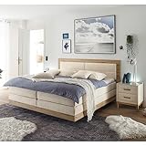 Lomadox Boxspringbett 180x200 cm mit Topper | Doppelbett in Creme und Holz mit Härtegrad H2