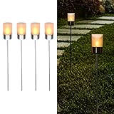 Navaris 4x LED Solar Edelstahl Gartenfackel - 9,1 x 91cm - Garten Fackel Solarleuchten Set - Außen Kerzenschein-Effekt Solarfackel Metallic Silber