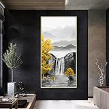 GEMMII Druck auf Leinwand, Wasserfall Hirsch Berg Baum Leinwanddruck Gemälde Schwarz Gelb Moderne abstrakte Landschaft Poster Bild 40 x 80 cm rahmenlos