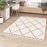 BALTA Berberteppich, Shaggy Wohnzimmer Teppich im geometrischen Stil, Teppich 80x150 cm, weich und bequem, pflegeleicht, 100% Polypropylen 30 mm stark, 80 x 150 cm, Weiß - Terracotta