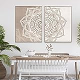 BIEMBI Mandala-Blumen-Beige, neutrale Farben, Boho-Wandkunstdruck, Giclée-gerahmt, gespannte Leinwand, Gemälde, Poster, Zen, Yoga, Raumdekoration, 60 x 90 cm x 2 Rahmen