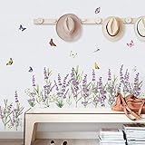 decalmile Wandtattoo Bordüre Lila Lavendel Blumen Wandsticker Blumenwiese Gras Wandaufkleber Wohnzimmer Schlafzimmer Wanddeko