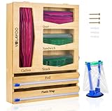 VOLAYOO BambusDruckverschlussbeutel, AufbewahrungsOrganizer für Schublade, Folie und Kunststofffolie, 7in1 BambusKunststoffSpender mit Schneider und DruckverschlussbeutelOrganizer und