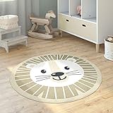 Paco Home Kinderteppich Teppich Kinderzimmer Rund Spielmatte Babymatte rutschfest Modern Mond Koala Löwenkopf, Grösse:150 cm Rund, Farbe:Beige