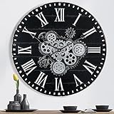 Lafocuse Schwarz Wanduhr Groß mit Beweglichen Zahnrädern Industrial Steampunk XXL Holz Vintage Retro Romische Zahlen 57 cm für Küche Wohnzimmer Bar