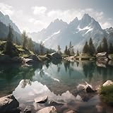 Poster-Bild 80 x 80 cm: Wunderschöne alpine Landschaft mit Bergsee und Spiegelung im Wasser. (203601413)
