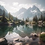 Poster-Bild 80 x 80 cm: Wunderschöne alpine Landschaft mit Bergsee und Spiegelung im Wasser. (203601413)