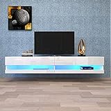 LERFAN LED TV-Schrank, TV-Lowboard mit Hochglanz Oberfläche und LED-Beleuchtung(Mit Fernbedienung), Hochwertiges TV-Board mit viel Stauraum für Wohnzimmer/Schlafzimmer 140x40x30,5cm, Weiß
