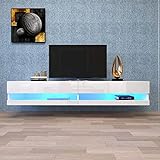 LERFAN LED TV-Schrank, TV-Lowboard mit Hochglanz Oberfläche und LED-Beleuchtung(Mit Fernbedienung), Hochwertiges TV-Board mit viel Stauraum für Wohnzimmer/Schlafzimmer 140x40x30,5cm, Weiß