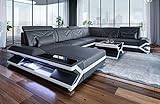 XXL Sofa Wohnlandschaft Napoli als Ledersofa in U-Form Couch mit LED-Beleuchtung und Kopfstützen (Ottomane Links, Grau-Weiß)
