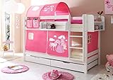 Etagenbett Doppelbett Marcel Kiefer massiv Weiss, Vorhangstoff:Horse Pink