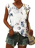 WNEEDU Damen-T-Shirt mit Flügelärmeln Sommer-Tanktop schlicht lässig lockere Passform Blusen Weiße Blume M