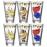 Leonardo Bambini Trink-Gläser, 6er Set, spülmaschinengeeignete Saft-Gläser, Kinder-Becher aus Glas mit Motiven Maus, Elefant, Ente 300 ml, 021704