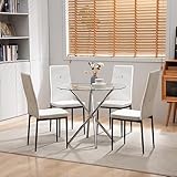 SICOTAS Esszimmer-Set, Esstisch mit 4 Stühlen, Couchtisch mit 4 Metallbeinen und Freischwinger Stühlen aus weißem PU für Esszimmer, Küche, Wohnzimmer