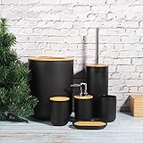 Wakects 6-teiliges Badezimmer-Zubehör-Set, Seifenspender, Seifenschale, Zahnbürstenhalter, Spülbecher, WC-Bürstenhalter, Mülleimer, komplettes Bad-Set, aus PP und Bambus (schwarz)