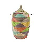 Traditioneller afrikanischer Wäschekorb - Gueno - XXL Korb - geflochten - Handarbeit - made in Afrika - Höhe ohne Deckel gemessen ca. 60 cm (dreieck-bunt)
