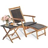 COSTWAY Rattan Sonnenliege mit ausziehbarer Fußstütze & Beistelltisch, Klappbare Gartenliege 5 Stufen verstellbar, Holzliege Bett bis 160 kg belastbar für Pool, Strand