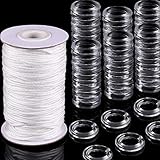 RoadLoo Raffgardinenringe, 100 Stück Klarrollo Römerring und 50 m 1,8 mm Raffrollo Schnur Weiß Geflochtene Lift Shade Cord Transparente Kunststoffringe für DIY Raffgardinen Rollo Schatten