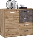 Kommode Sideboard Schrank Chicago in Wotan Eiche/Beton dunkel, mit Tür und 4 Schubladen Highboard