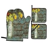 Sribiny Ofenhandschuhe und Topflappen-Set, Einmachglas mit Blumenmuster, Westernland-Druck, hitzebeständig, Küchenhandschuhe zum Kochen, Backen, Grillen, Grillen, 4-teilig