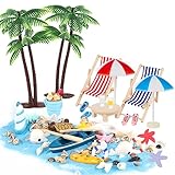 CJBIN Strand Mikrolandschaft, 31 Stuck Strand Deko Miniatur Set, Mini Liegestuhl Sonnenschirml Kleine Palme Muscheln Dekosand fur DIY, Garten, Urlaub, Geschenk,Puppenhausdekoration