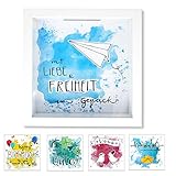 B-living - Bilderrahmen Spardose 18 x 18 x 5 cm, Money Box mit 5 austauschbaren, handgezeichneten Motiven, 3D-Bilderrahmen mit Glasfront als Geldgeschenk & Deko, zum Aufhängen & Hinstellen