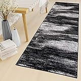 TAPISO Maya Teppich Läufer Meterware Kurzflor Wohnzimmer Flur Küche Modern Brücke Grau Weiß Schwarz Verwischt Meliert Design ÖKOTEX 60 x 250 cm
