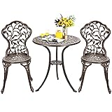 GIANTEX 3 TLG. Bistro Set, Bistrotisch mit 2 Stühlen, Gartenmöbel Set Alu, Gartenset Balkonset antik, runder Gartentisch, Balkonmöbel Set Garten Sitzgruppe 2 Sitzhocker Outdoor Bronze