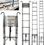 5M Teleskopleiter mit Haken Edelstahl Leiter Klappleiter Ausziehleiter Stehleiter Rutschfester, Teleskop-Design, aus hochwertigem Edelstahl, Tragbar, Leichte, 150 kg Belastbarkeit EN131
