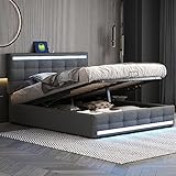 KecDuey Polsterbett 140x200cm,Doppelbett Gepolstertes LED-Bettgestell mit großem Stauraum und 2 USB-Ladestationen,Kopfteil höhenverstellbar, großer Stauraum aus Leinenstoff Plattformbett (Grau)