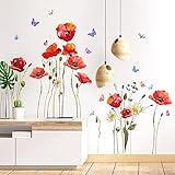 WandSticker4U®- Wandtattoo MOHNBLUMEN groß I Wandbilder: 110x70 cm I Wandsticker Blume Schmetterlinge I Wand Aufkleber Wohnzimmer Schlafzimmer Kinder-zimmer Küche Deko