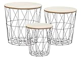 Metall Beistelltisch mit Stauraum schwarz - 3er Set/helle Tischplatten - Wohnzimmer Tisch mit Abnehmbarer Holz Platte Metallkorb Sofatisch Couchtisch