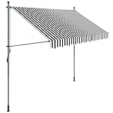 SONGMICS Klemmmarkise, 300 cm, Balkonmarkise, Sonnenschutz, Markise mit Gestell, Verstellbare Höhe 2-3 m, Grau-Weiß gestreift GSA313GW