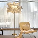 Federlampe Feder Lampe Stehlampe Wohnzimmer mit Fußschalter,Goldene Stehlampen 3 farbig Dimmbarem,Standleuchte für Wohnzimmer und Schlafzimmer,160CM,Weiß,G9*4