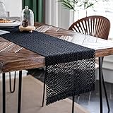 Weldomcor Makramee Tischläufer Boho Baumwollflachs Tischläufer mit Quasten, 30x180cm Rechteckige Häkelspitze Mesh Tischdecke für Küche Vintage Bauernhaus böhmische Hochzeit Tabletop Dekor (Schwarz)
