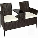 TecTake 404558 Poly Rattan Gartenbank mit Tisch, 2-Sitzer Bank, 131 x 61 x 82 cm, Sitzbank für Garten Balkon und Terrasse, Gartensitzbank inkl. Sitzkissen, braun-beige
