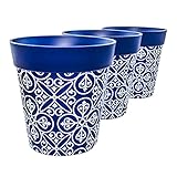 Hum Flowerpots, 22 cm, 3er-Set, in Verschiedenen Farben und Mustern, Blumentöpfe aus Kunststoff für Drinnen und Draußen, Blau Marokkanisch