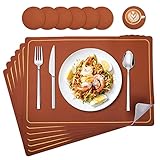 Shirylzee 12 Platzsets aus PU-Leder, 6 Tischsets abwaschbar und 6 Stück, Untersetzer, rutschfest, hitzebeständig, Tischset, Tischuntersetzer (43 x 30 cm) (Graubraun)