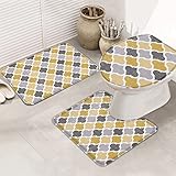 Badematten Set 3 Teilig Vintage Retro Marokko Gingham Sommer Gelb Ombre Grau Abstrakte Geometrie Kariert Weiche Kontur Badteppich Anti-Rutsch Wc-Sitzbezug Badvorleger